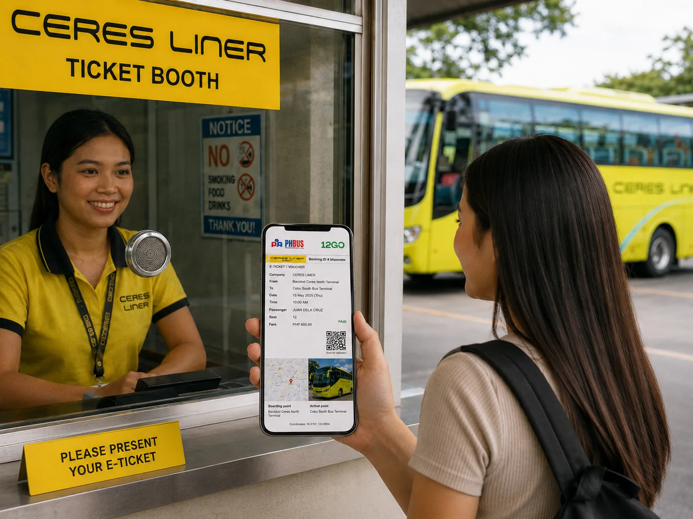Passenger showing a Ceres Liner e-ticket on a phone at a Ceres ticket booth